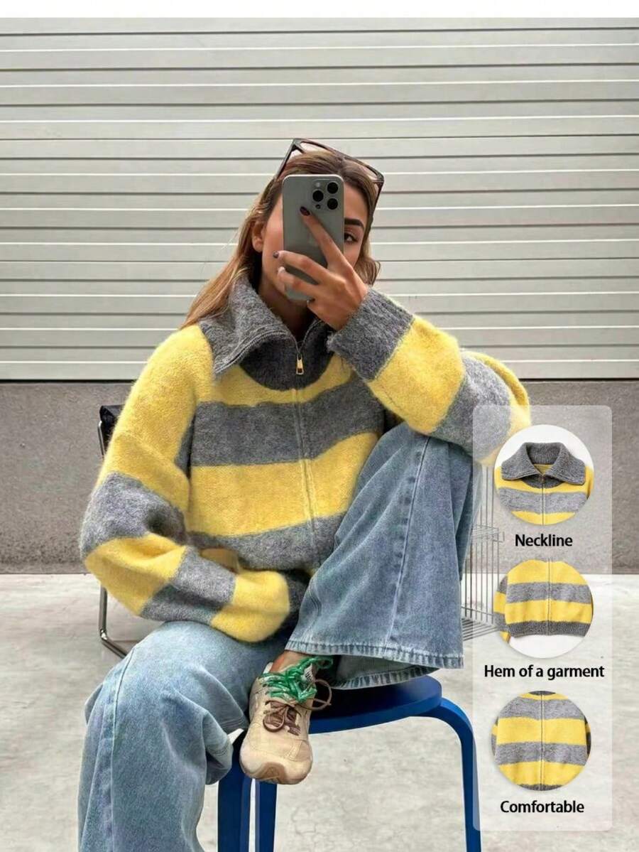 Women's Striped Zip-Up Cardigan, Fashionable Long Sleeve Sweater Fall