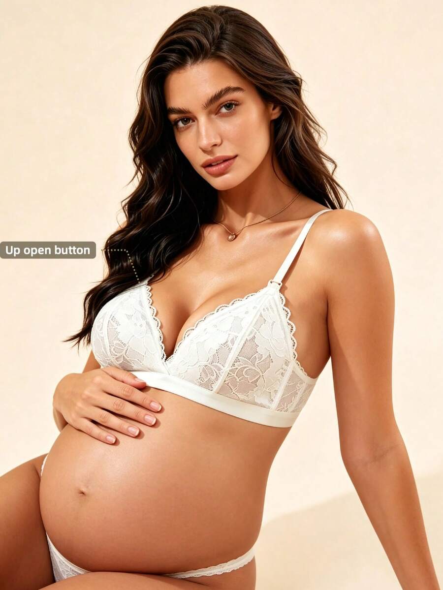 Hart & Haze Maternity Solid Color Lace Trim Nursing Bra Without Padding Maternity - White - View 1