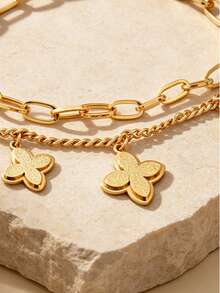 Letingsha 1pc Fashionable Stainless Steel Four-Leaf Clover Pendant Bracelet, Suitable For Women's Daily Wear - Yellow Gold - View 8