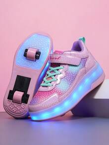 BLSART Kids Starry Sky Gradient Light-Up Detachable 4-Wheel Roller Skate Shoes, Student Sports Casual Shoes - Pink - View 3