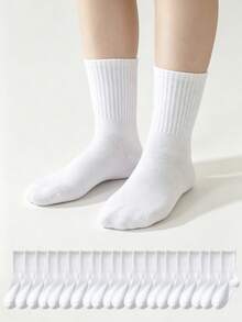 20 Pairs Kids Pure Cotton Solid Color Striped Mid-Calf Socks, Casual Socks For Baby, Student Back To School Sports Socks - White - View 1