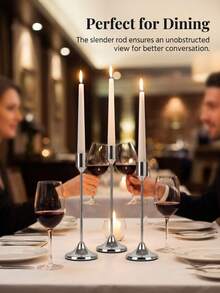 Luxury Electroplated Metal Candle Holder, Glossy Mirror Finish, High-Low Combination Design, Non-Slip Base To Protect Tabletop, Suitable For Long Taper Candles, Ideal For Home Dinner, Party Gathering, Wedding Hotel Tabletop Decoration - Silver - View 1