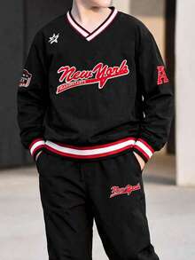 Boys' Autumn/Winter Baseball Style V-Neck 2 Pieces Set, New York Letter Print Black White Red Ribbed Colorblock Jogger Sweatpants Outfit - Black - View 5