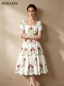 ELYRADIA Elegant Retro White Embroidered Floral Midi Dress, Square Neck Short Sleeve A-Line Spaghetti Strap Dress, Formal Luxury Evening Gown For Wedding - Beige - View 4