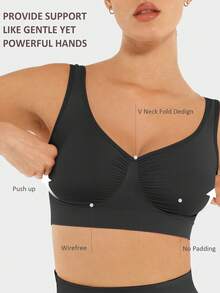 Women's Wireless Seamless Sports Bra With Padding, Comfortable And Breathable, Front Closure And Back Hook Design - Black - View 4