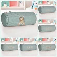 1pc Cute Little Animals Print Corduroy Cylindrical Zipper Pencil Case, Large Capacity, For Students Stationery Makeup Brushes School Daily Use Travel - Multicolor - View 1