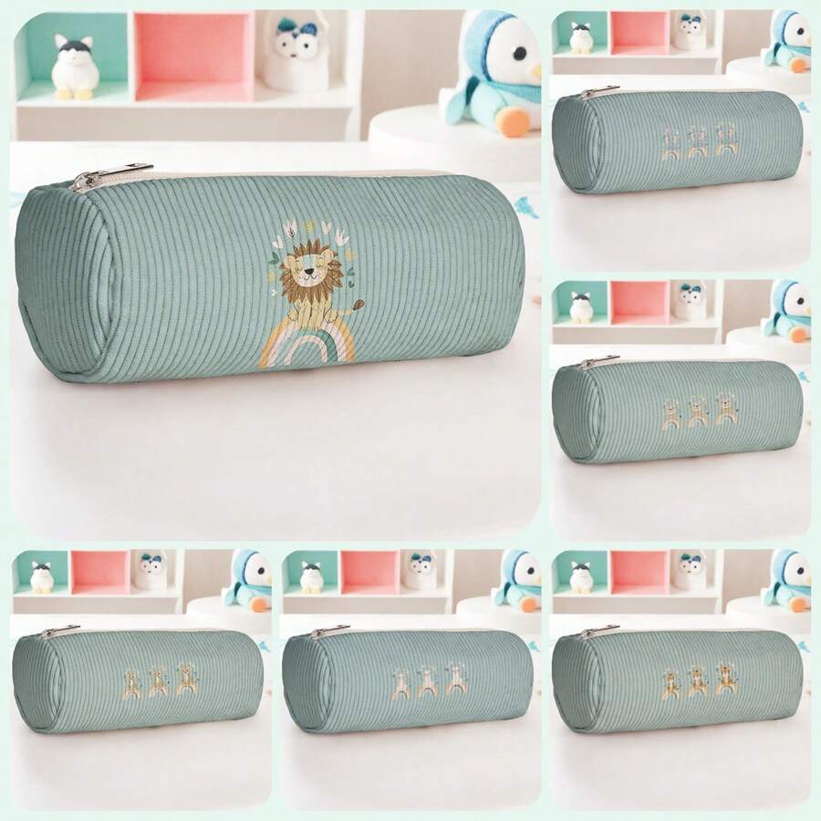 1pc Cute Little Animals Print Corduroy Cylindrical Zipper Pencil Case, Large Capacity, For Students Stationery Makeup Brushes School Daily Use Travel - Multicolor - View 1