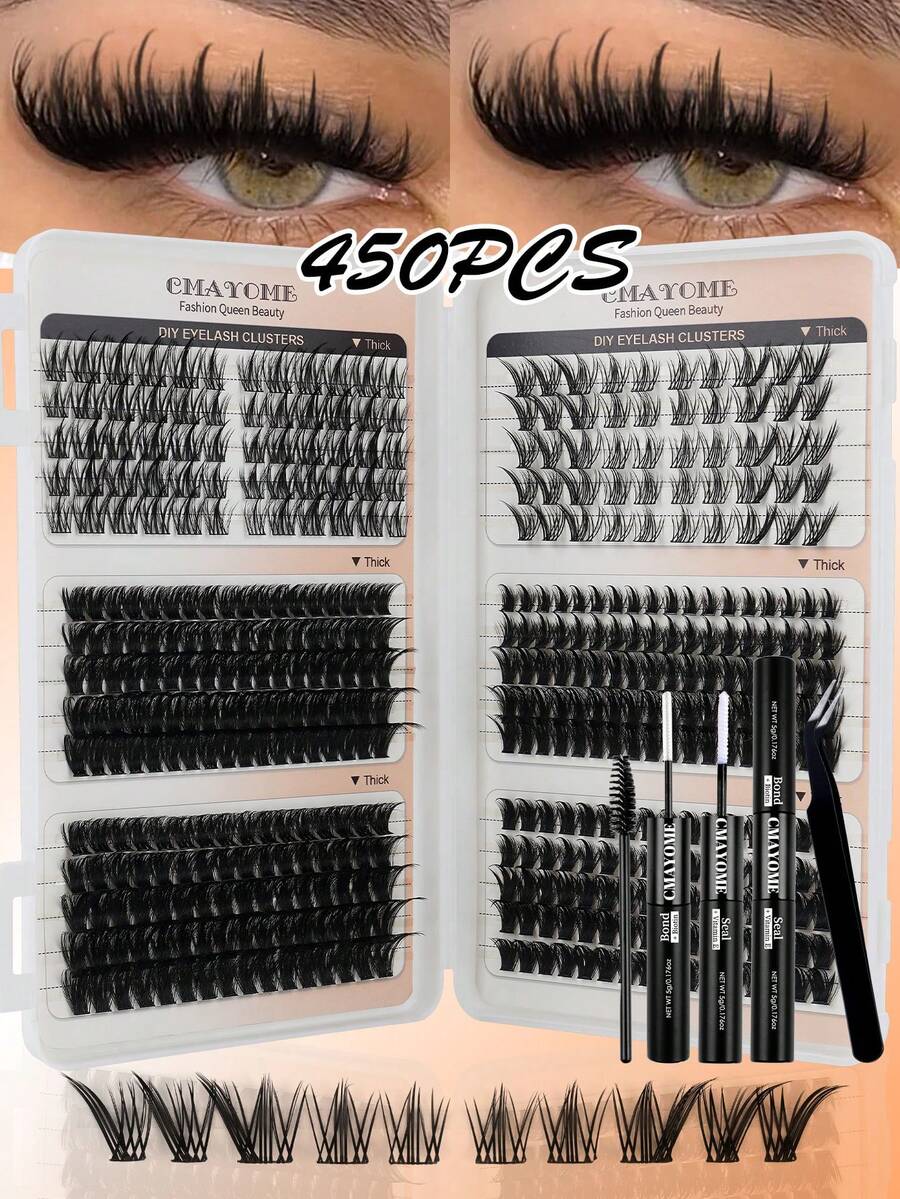 CMAYOME 450/530/570/600pcs False Eyelashes (Including Adhesive, Styling Solution, Tweezers), Mixed Style Single Cluster Eyelashes, Soft, Natural And Easy To Use Eyelash Clusters, Large Capacity Fluffy And Thick Classic Style, Suitable For Daily Use