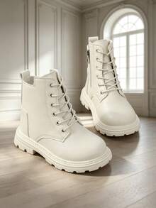 1 Pair Minimalist Kids' Boots, Soft PU Front Lace-Up With Inner Zipper Design, Versatile British Style All-Match Ankle Boots, Suitable For Daily Wear, School, Vacation And Outdoor, Autumn/Winter New Arrival - Beige - View 1