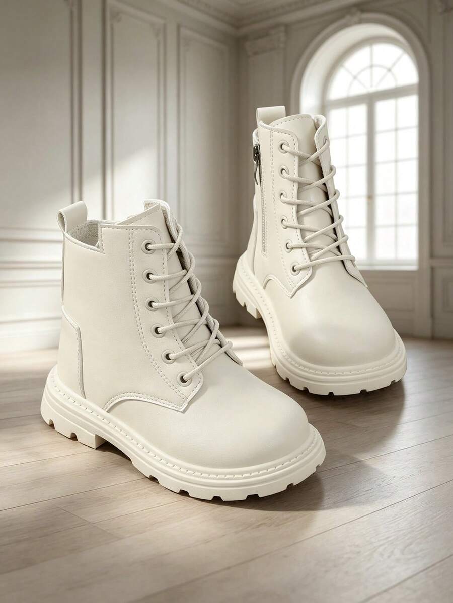1 Pair Minimalist Kids' Boots, Soft PU Front Lace-Up With Inner Zipper Design, Versatile British Style All-Match Ankle Boots, Suitable For Daily Wear, School, Vacation And Outdoor, Autumn/Winter New Arrival - Beige - View 1