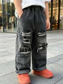 Boys' Loose Distressed Straight Leg Denim Jeans, Autumn Casual Long Pants For Daily, School, Outdoor Wear - Dark Grey - View 3