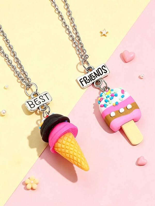 2pcs/Set Kalung Persahabatan Liontin Es Krim Lucu Kreatif untuk Anak-Anak, Cocok untuk Sahabat Terbaik, Dipakai Sehari-hari, Hadiah Ulang Tahun