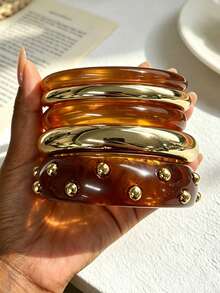 5 piezas/1 pieza Conjunto de brazalete de acrílico con remaches color ámbar y brazalete CCB elegante y casual vintage para mujer, adecuado para uso diario, fiestas, vacaciones, regalo festivo - Multicolor - Ver 5