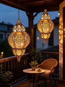 1pc Hanging Outdoor Solar Lantern, Vintage Metal Moroccan Iron Art Lamp With Hook, Suitable For Christmas, Halloween, Park, Patio, Backyard And Porch Atmosphere Decoration - Multicolor - View 4