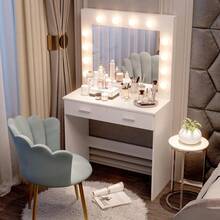 Jooli H Dressing Table Set With LED Lights Mirror, Vanity Makeup Table 2 Large Drawers And Stool, White - White - View 8