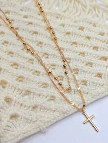 QTHOPE Double Layer Necklace With Cross And Heart Pendant, Suitable For Girls Daily Wear - Yellow Gold - View 5