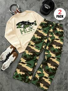 2pcs/Set Boys Street Style Casual Outfit, Fish Pattern Crew Neck Long Sleeve Sweatshirt + Camouflage Wide Leg Pants, Autumn/Winter - Multicolor - View 1