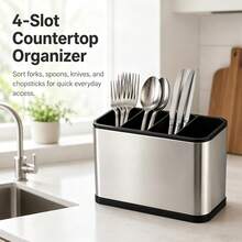 4-Compartment Stainless Steel Utensil Holder, Countertop Knife Fork Spoon Organizer, Kitchen Utensil Storage Basket, Multi-Compartment Utensil Rack, Can Hold Forks, Spoons, Knives, Chopsticks, Rust-Proof Kitchen Countertop Storage, Space-Saving Desktop Utensil Storage Box, Household Kitchen Countertop Small Utensils, Practical Kitchen Restaurant Utensil Storage Container, Stable Non-Slip Base Utensil Holder, Keep Utensils Organized And Convenient For Daily Use, Modern Style Kitchen Storage Accessory, Suitable For Home, Apartment, Dorm, Fit For Storing Various Utensils And Kitchen Tools - Multicolor - View 6