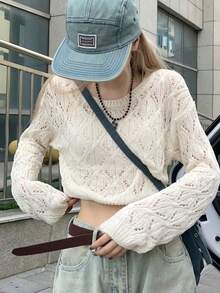 Women's White Cropped Semi-Sheer Knit Top, Long Sleeve Crew Neck Summer - White - View 3