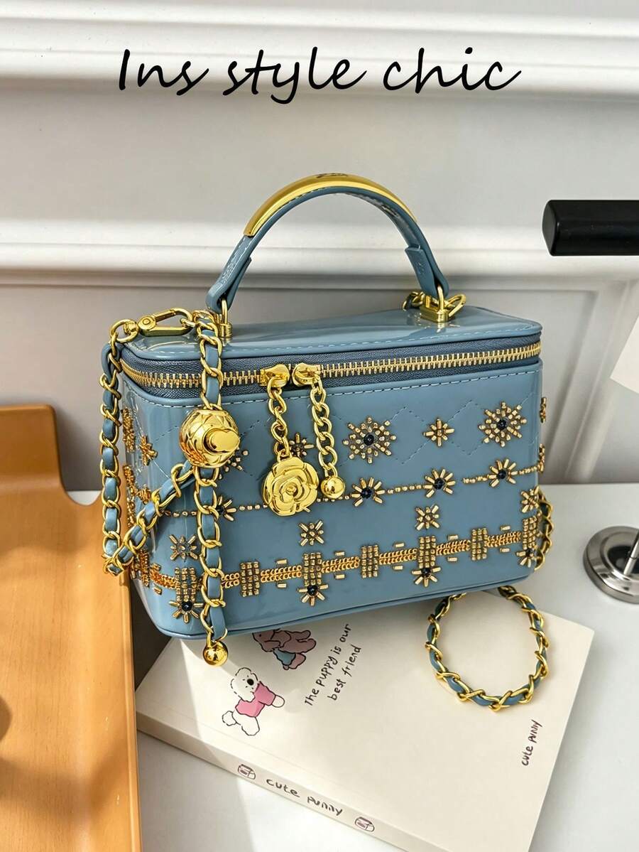 精緻珠飾刺繡圖案金屬手柄與編織皮革金屬鏈條裝飾,拉鍊開合,復古優雅方型女款手提包,適合購物、約會、社交、旅行的小包,小眾高級感手袋 - 藍色 - 查看 1