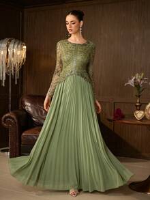 Elegant Women's Long Sleeve Ball Gown, Decorated With Exquisite Round Neckline, Gorgeous Pleated Flare Skirt, Suitable For Formal Evening Events - Green - View 9