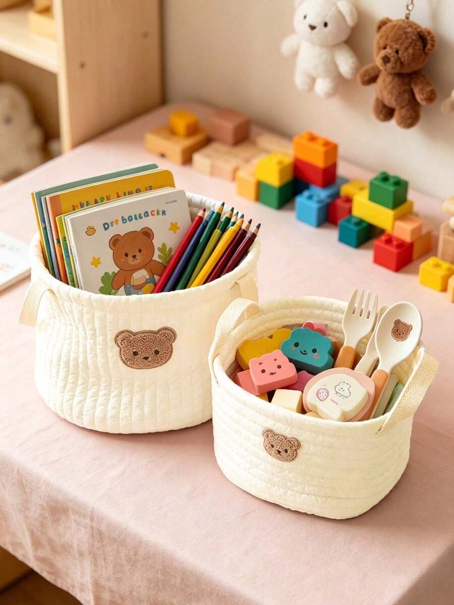1pc Quilted Fabric Storage Basket, Cute Bear Design, Suitable For Baby ...