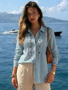 Summer Vintage Bohemian Loose Casual Commute Lapel Long Sleeve Embroidered Shirt Cardigan Top, Autumn Hobo Artistic Elegant Embroidered Lapel Blouse, All-Season Versatile Commute Office Vacation Holiday Party Tea Party Embroidered Casual Everyday Outing Shirt, Blue Shirt, Button Up Shirt For Women - Blue - View 5