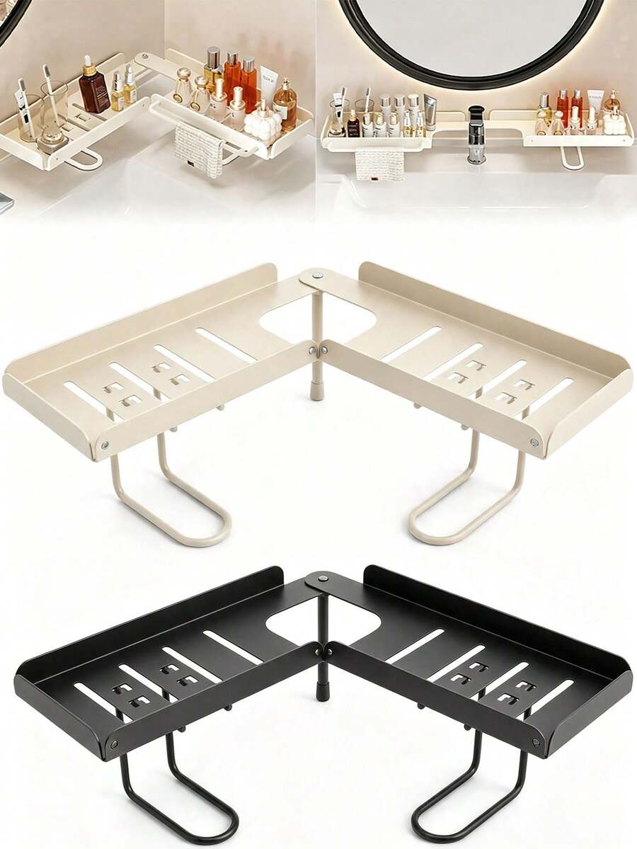 1pc Adjustable Foldable Over Faucet Shelf Organizer Steel Folding Storage Rack, Drill-Free Foldable Faucet Storage Rack Carbon Steel Hollow Design Corner | 180 Degree Multi-Angle Rotatable Adjustable Over The Sink Shelf Bathroom Organizer - Multicolor - View 1