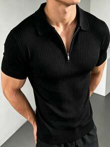 ZYNTH BALENO Men's Fashion Striped Slim Fit Regular Shoulder Zip-Up Polo Collar Short Sleeve Sweater, Suitable For Gym, Cycling, Running Sports - Black - View 5