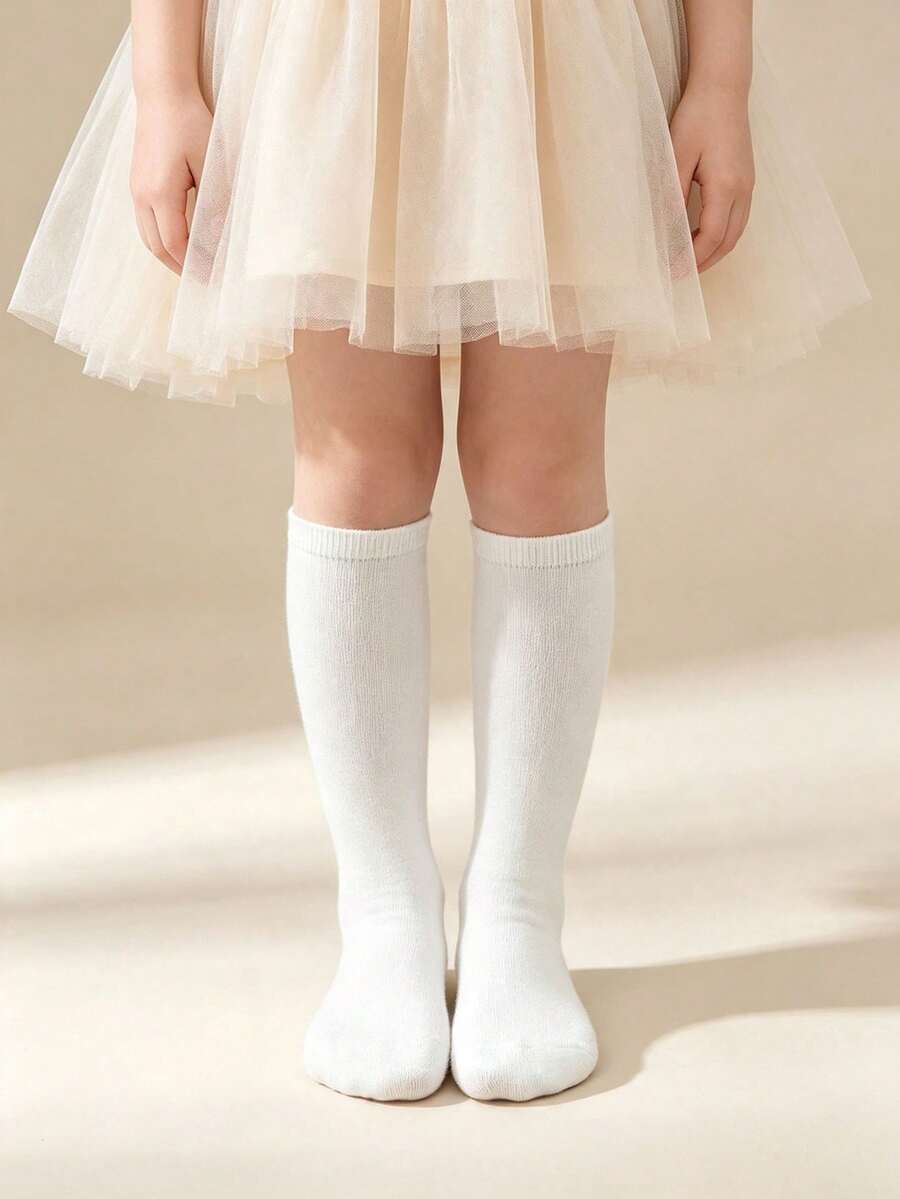1 Pair Girls Knee High Socks, Fall Winter Solid White Long Socks, Simple Versatile Footwear, Halloween Christmas Essentials Stuff, School Uniform Wear - Multicolor - View 1