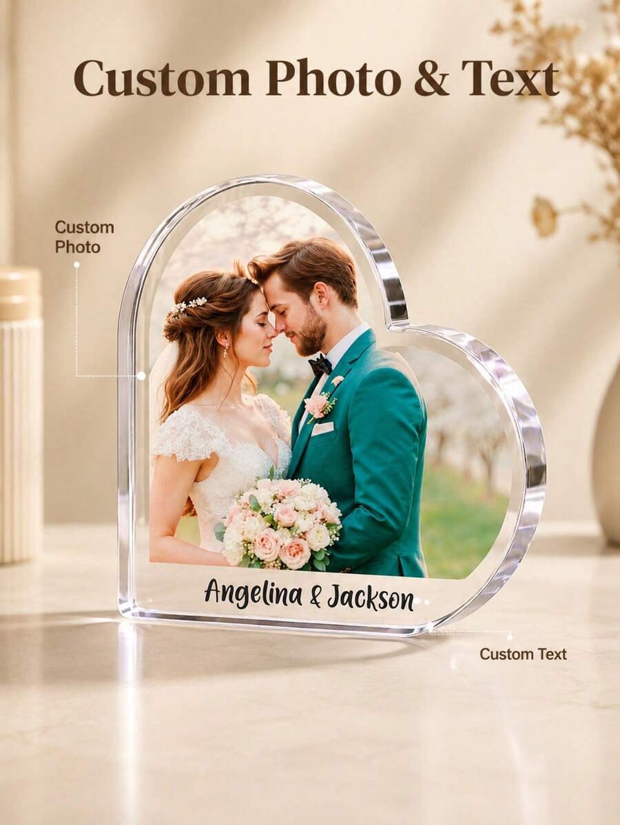 Custom Photo & Text Heart-Shaped Acrylic Ornament, Personalized Wedding Keepsake Gift, Transparent Heart-Shaped Acrylic Block (Includes Custom Image, Name & Message), Romantic Couple Anniversary Gift, Valentine's Day Gift, Wedding Memory Decor, Unique Personalized Home Decor, Home Decoration, Room Decor, Personalized Gift, Custom Gift - Multicolor - View 1
