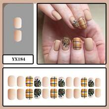 24pcs Cute Square Press On Fake Nails Brown Short Nail Pumpkin And Leopard Print Nails Thanksgiving Day Nails - Multicolor - View 3
