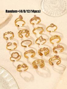 4/8/12/14pcs Stainless Steel 18K Gold Plated 3D Pattern Mixed High-Quality Pink Rhinestone Open Ring Set Blind Bag, Random Style As Shown - Pink - View 2