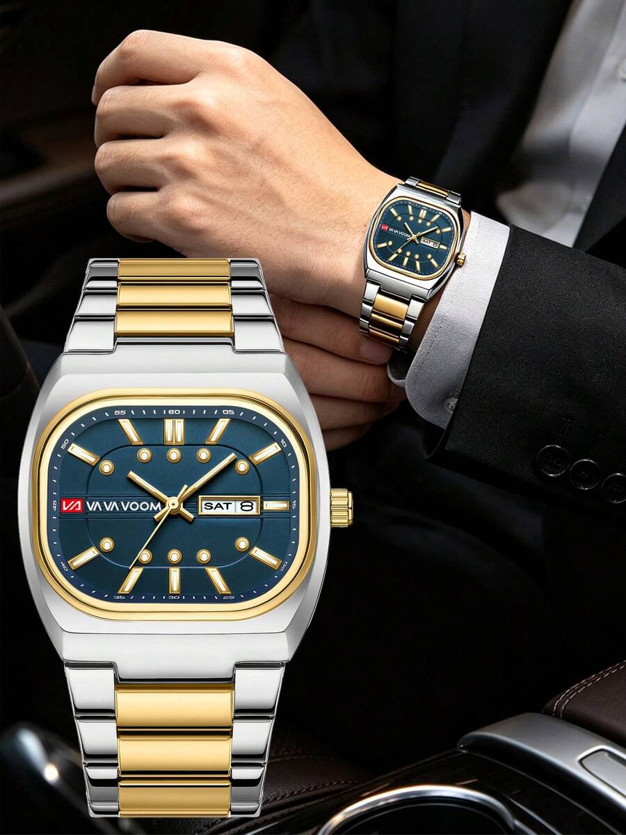 Jam Tangan Bisnis Fashion Pria VA VA VOOM, Dengan Fungsi Tanggal dan Hari dalam Seminggu, Layar Bercahaya, Kemasan Kotak Hadiah Elegan, Hadiah Sempurna untuk Pria