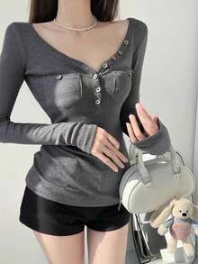 Sexy V-Neck Fitted Long Sleeve Knit Top, Waist-Cinching Inner Layer, Autumn T-Shirt For Women - Dark Grey - View 2