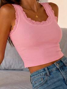 Women's Casual Solid Color Contrast Lace Tight Camisole, Summer - Pink - View 4