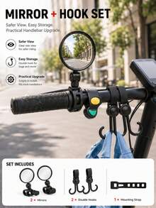3-Piece Bicycle Handlebar Accessories, 360° Rotating Rearview Mirror, 360° Rotating Bicycle Rearview Mirror & Double Hook Set, Adjustable Handlebar Rearview Mirror With Storage Hook, Suitable For Bicycle, Electric Bicycle, Scooter, Cycling And Outdoor Accessories - Multicolor - View 1