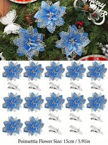 1/10/20/30件裝亮金色聖誕花裝飾夾，DIY節日與季節裝飾，適用於婚禮、聖誕樹和派對，易於安裝，耐用花朵 - 藍色銀色 - 查看 4