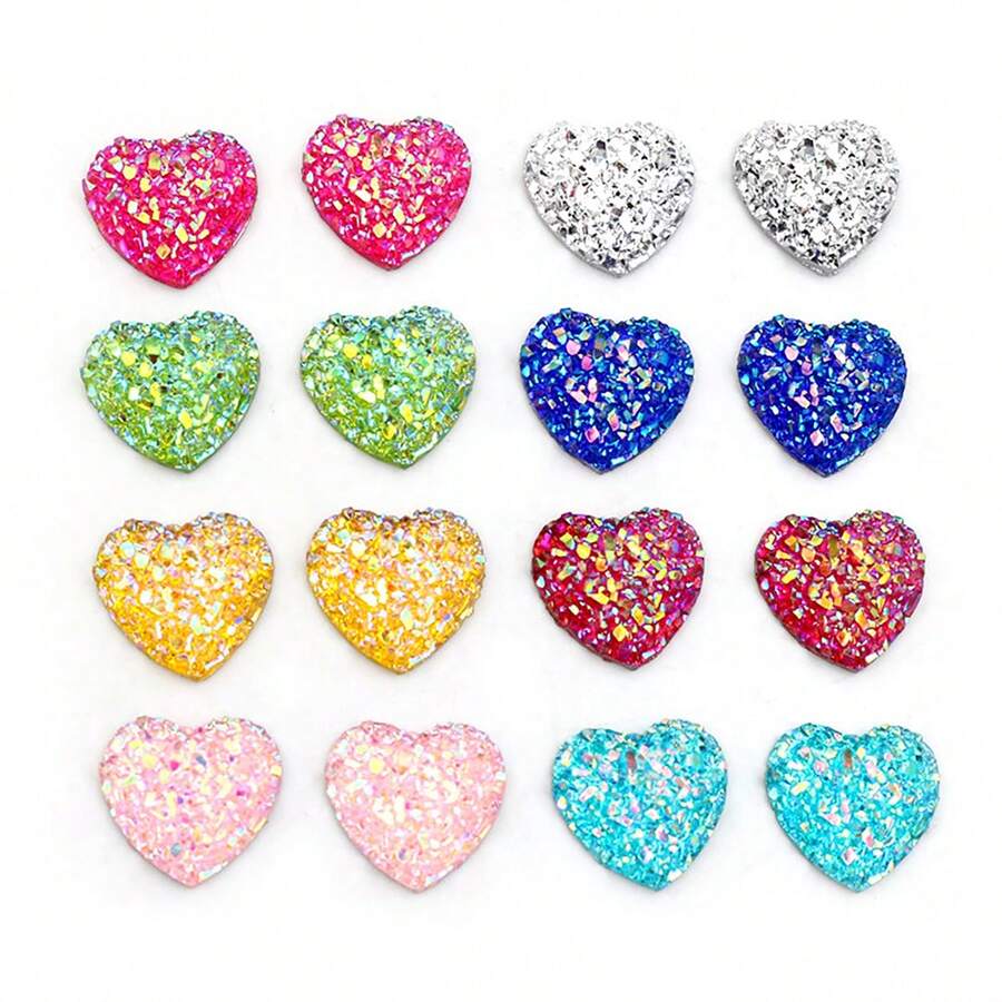 40pcs 10mm/12mm Flat Back Heart-Shaped Resin Inlaid Stones, Multi-Color Crystal Cluster Natural Stone Convex Surface DIY Jewelry Making Accessories - Heart - View 1