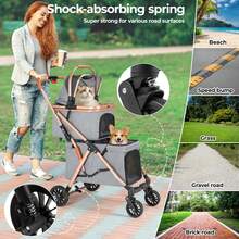 3-In-1 Foldable Dog Buggy Up To 20kg | Foldable Cat Stroller, Pet Buggy With 4 360° Rubber Wheels, With Storage Basket And Cup Holder - 金色+灰色 - 查看 4