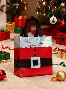 1/5PCS Customized Red Gift Bag For Christmas Day, Personalized With A Name, Featuring A Handle And Laser Element Design, Adorned With A Santa Claus Pattern. It'S A Party Tote Bag Made Of Non-Woven Fabric, Gift For Her/Him - Multicolor - View 6