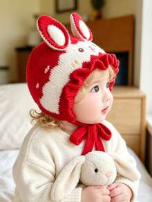 0-2 Years Old Baby Cute Knitted Hat, Bow Rabbit Ears Ruffle Edge Sun Hat, Warm Soft Crochet Tie Hat, Sweet Princess Style Infant Headwear - Multicolor - View 8