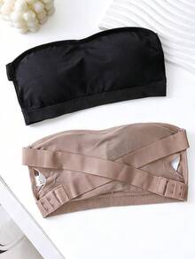 2pcs Women's Wireless Thick Strapless Bandeau Bra, Criss-Cross Back Ribbed Band Back Hook Closure Bandeau Tank Top - Multicolor - View 5