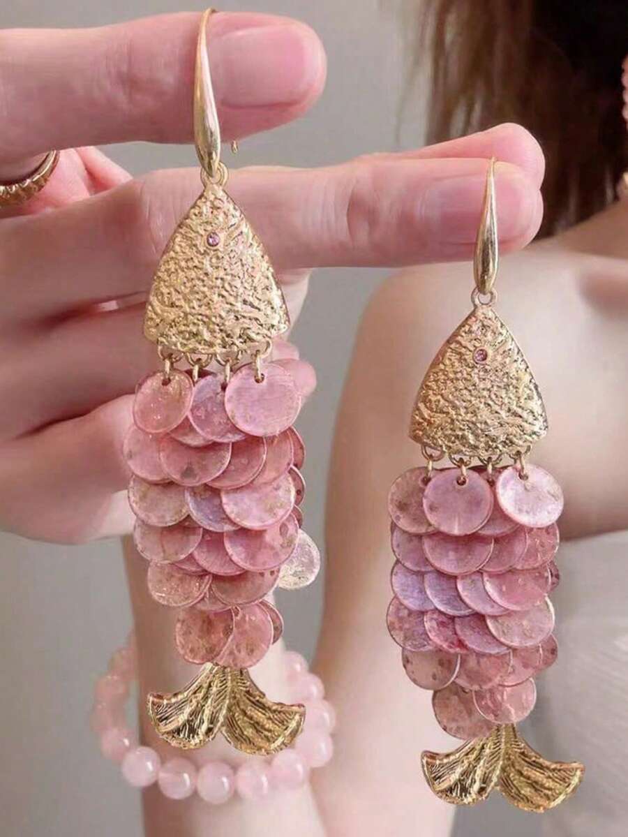 1對創意魚形貝殼流蘇耳環，女款，夏季海灘度假風，優雅大方的飾品 - 粉色 - 查看 1