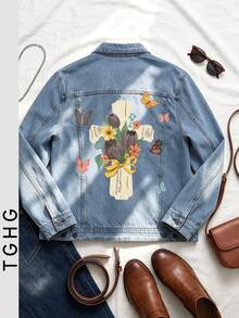 Straight-Leg Light Blue Denim Jacket With Floral And Butterfly Print On Back, Classic Collar, Button Cuffs And Hem, Y2K Style - Light Denim Blue - View 3
