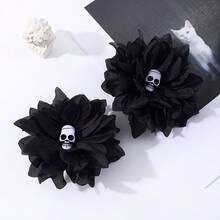 1pc Halloween Dark Skull Flower Hair Clip, Black & Red Fabric Large Flower Side Clip, Gothic Subculture Party Costume Head Accessory - Multicolor - View 2