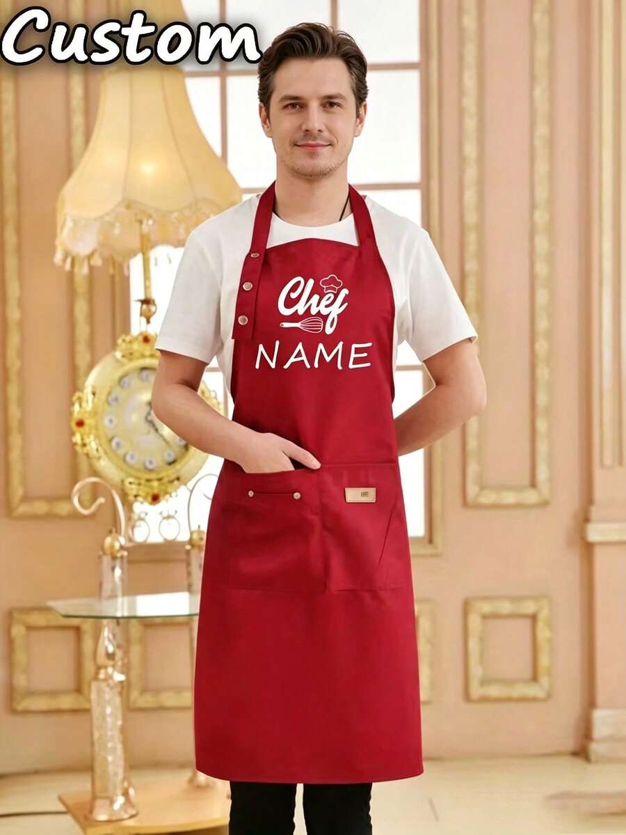 Customized Text Apron, Chef Cooking Kitchen, Unisex Chef Baking Apron, Canvas Work Apron With Pockets, Personalized Kitchen Apron With Custom Logo, Perfect For Wedding Season, Home Cooks And Baking Enthusiasts, Great Gift For Family And Friends - Multicolor - View 1