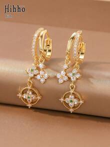 Hihho 2pcs French Vintage Style Full Rhinestone Double Layer Flower Emerald Green Gemstone Stud Earrings For Women, Commuter Atmosphere - Double Flower Pendant - View 3