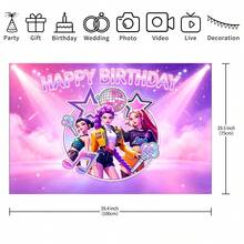 KPop Demon Hunters Kpop Theme Birthday Backdrop Banner, K-Pop DemonHunters Character Banner, Neon Glowing Disco Ball & Music Note Design, With HAPPY BIRTHDAY Text, Suitable For Photo Booth Party Decoration - Multicolor - View 6