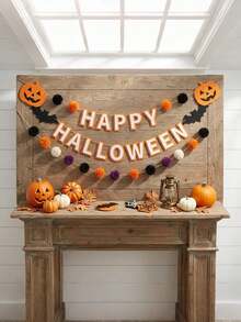 1 Set Happy Halloween Felt Banner Pumpkin Bat Pom Pom Garland Wall Hanging Decoration - View 1